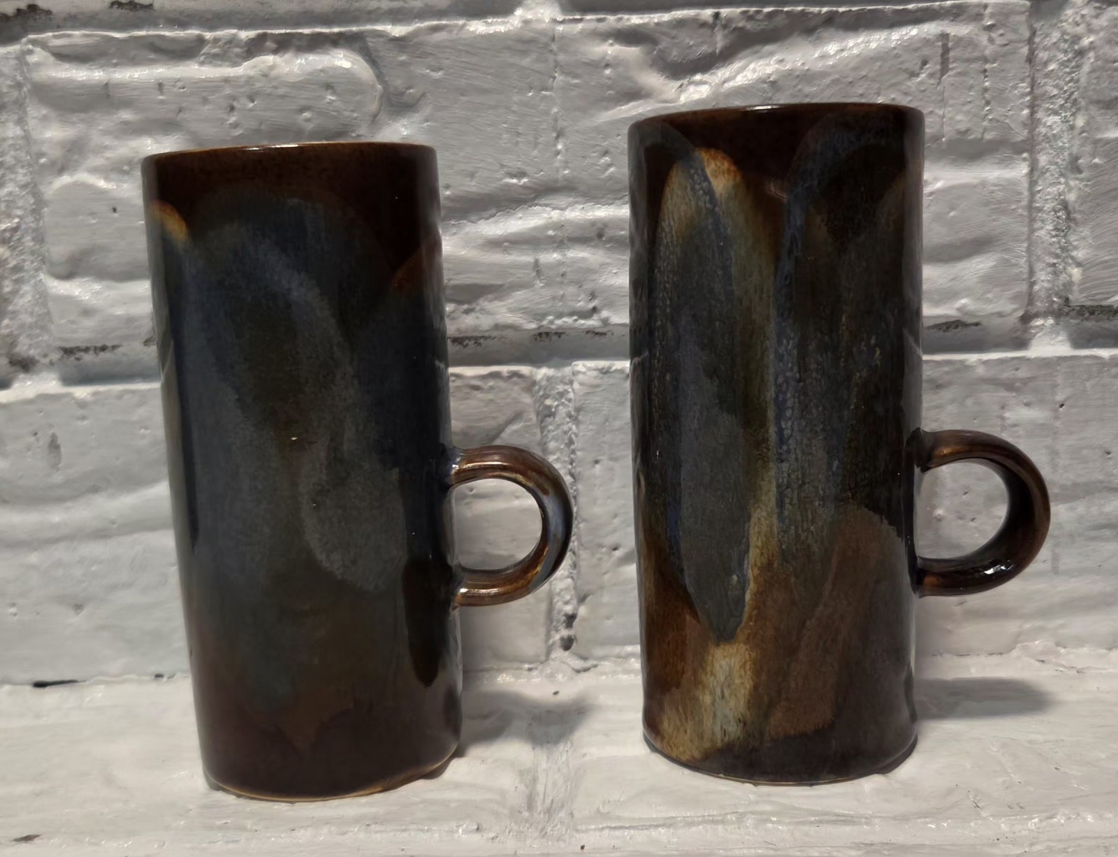Vintage Caffe D\'Vita Tall Ceramic Espresso Mugs Brown Blue Drip Glaze Set of 2