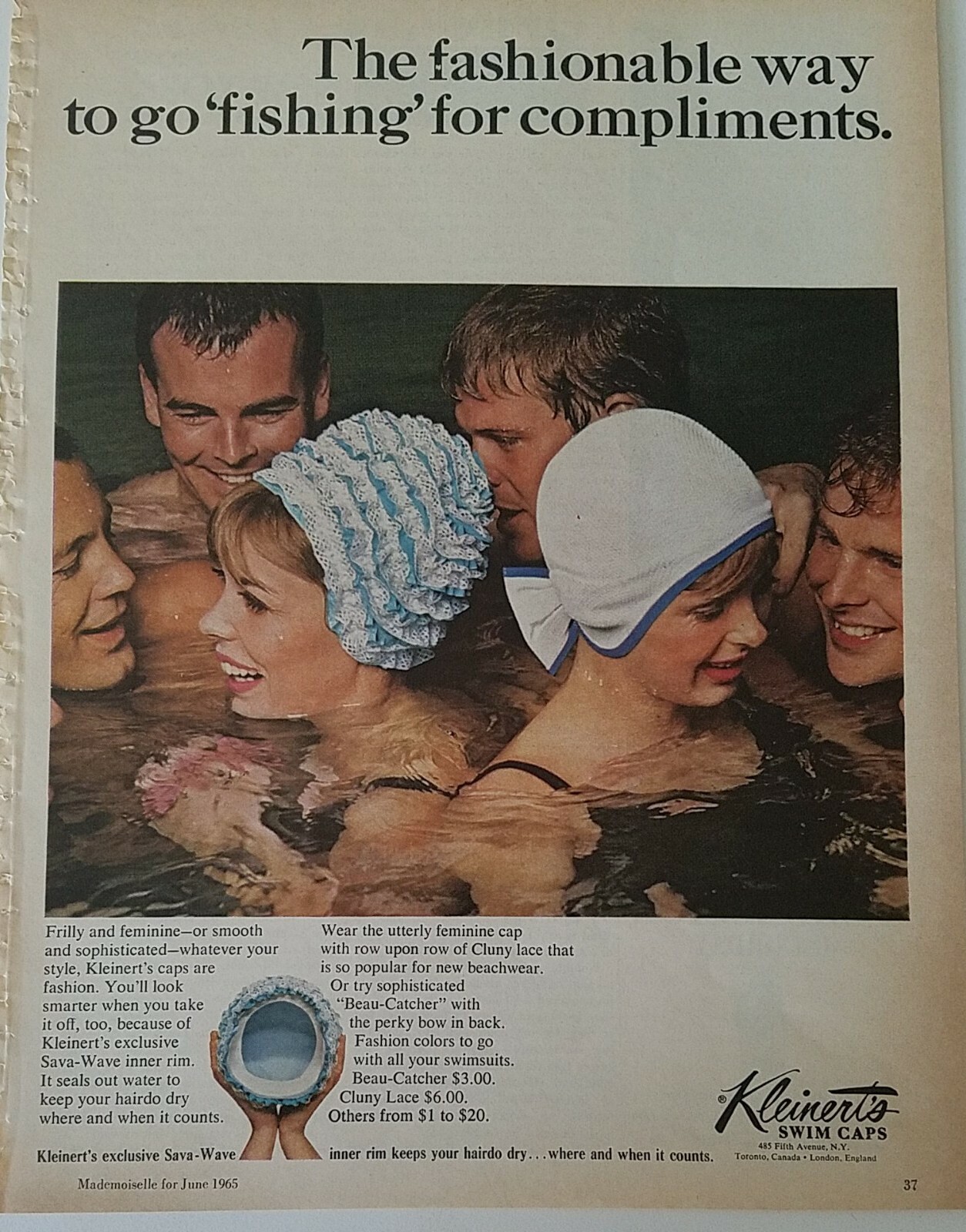 1965 Kleinerts womens swim cap swimming fishing compliments vintage ad