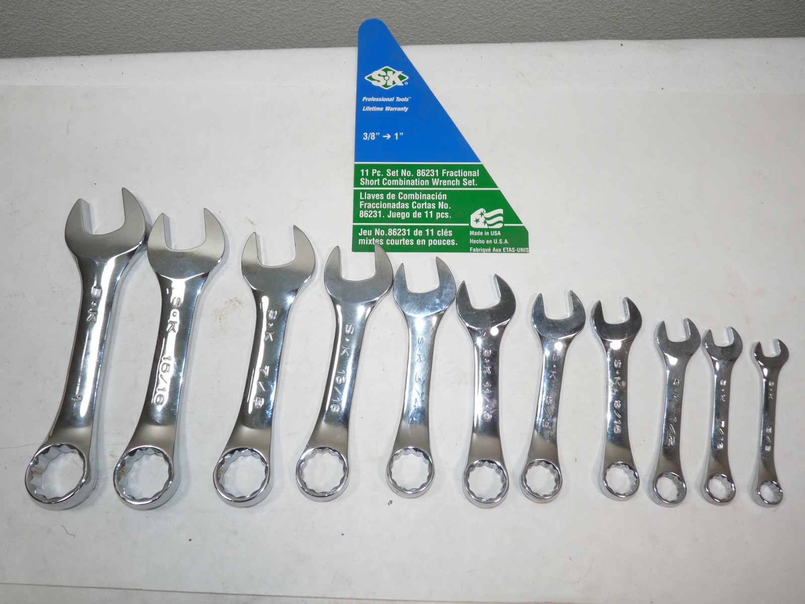 SK Tools 86231 - 11 Piece SuperKrome SAE Short Combination Wrench Set 3/8 to 1”