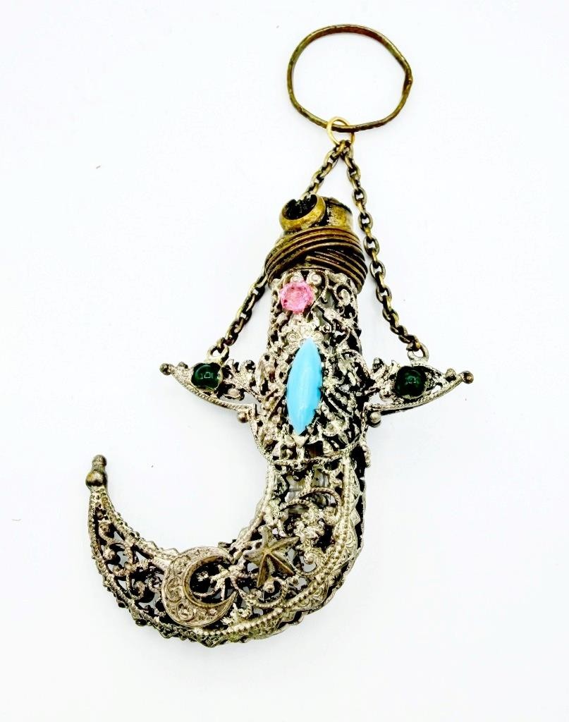 Antique 1800s Chatelaine Silver-Tone Jeweled Filigree Perfume Scent Bottle