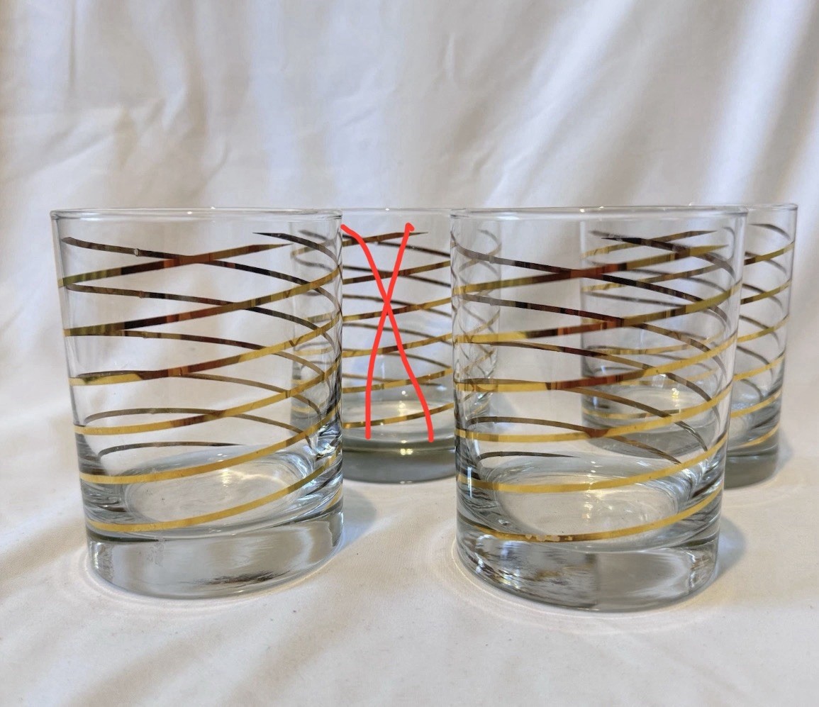 Kraftware Vtg Set Of 3 MCM Gold Ribbon Spiral Swirl Lowball Glasses 12oz EUC 70s