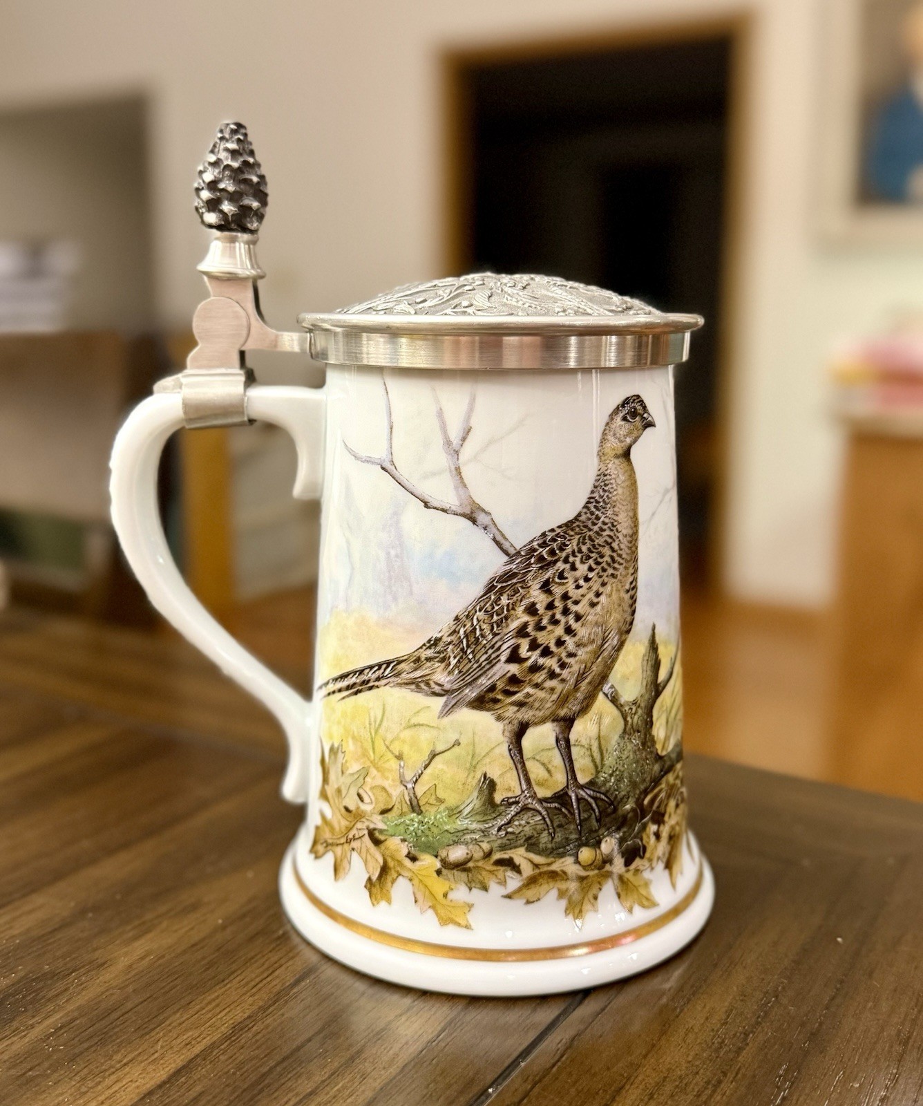 Vintage 1981 Franklin Porcelain Pheasant Game Bird Lidded Beer Stein Mug