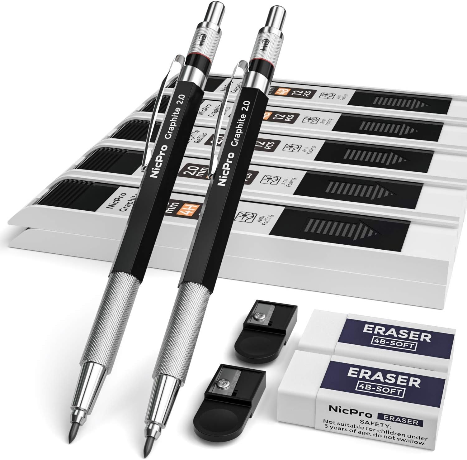Nicpro 2mm Metal Mechanical Pencil Set, 2PCS Lead Holder 2.0 mm 2 Pack, Black Nicpro 2mm Metal Mechanical Pencil Set, 2PCS Lead Holder 2.0 mm 2 Pack, Black