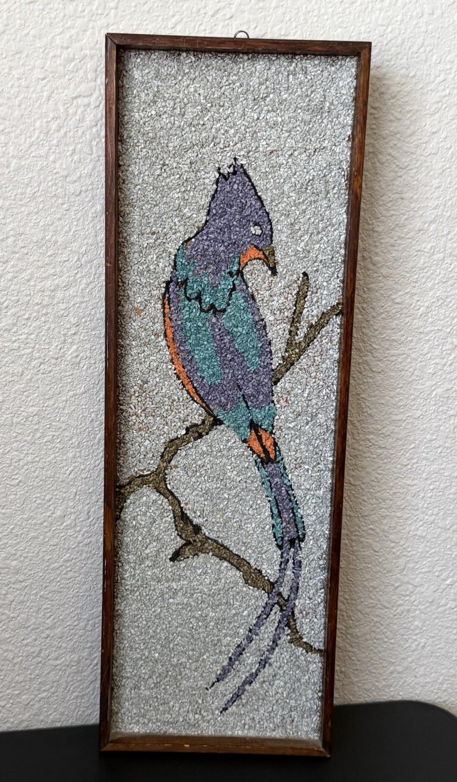 Vtg Mid Century Modern Pebble Rock Art Purple Bird On Branch Wood Framed Decor