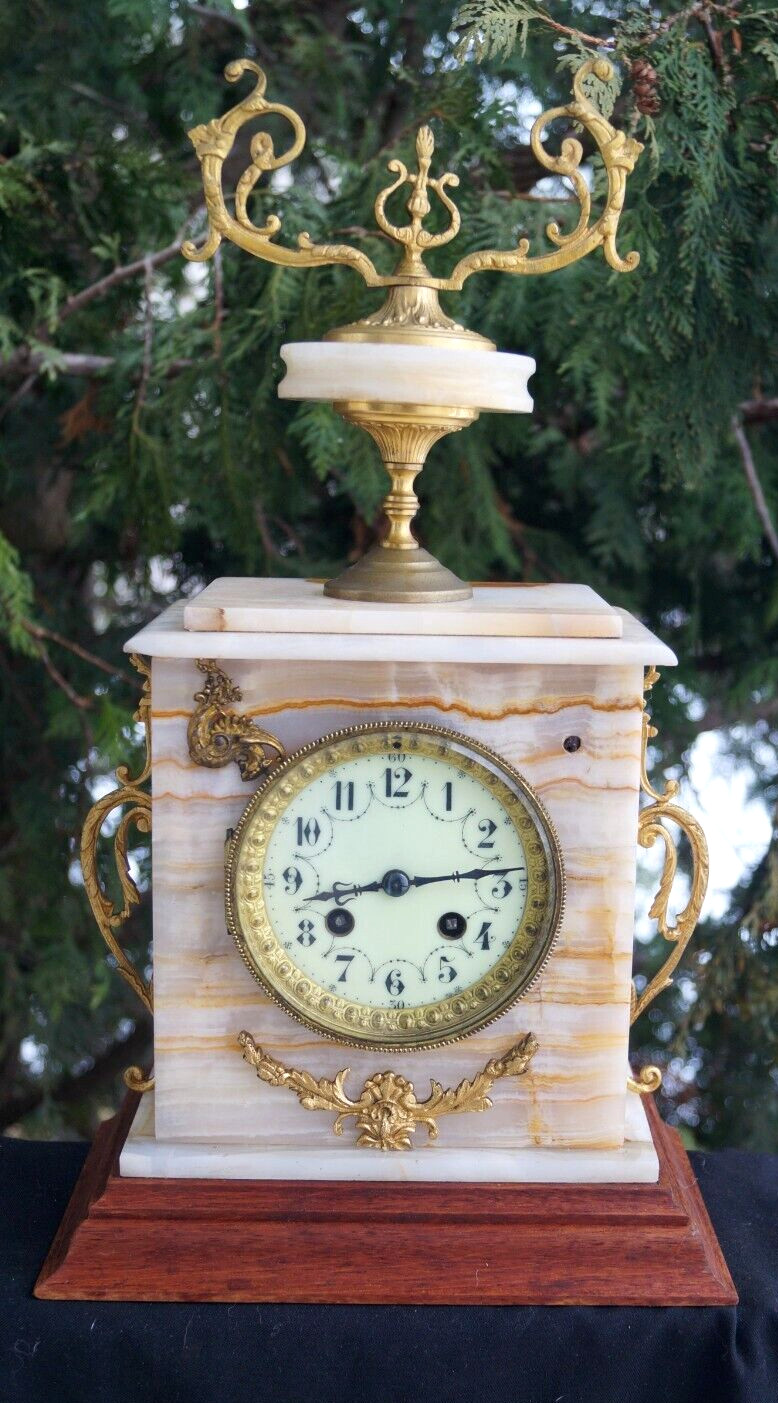 Antique 1870s - 1880s Era French Japy Freres White ONYX Mantle Clock - RUNS GOOD
