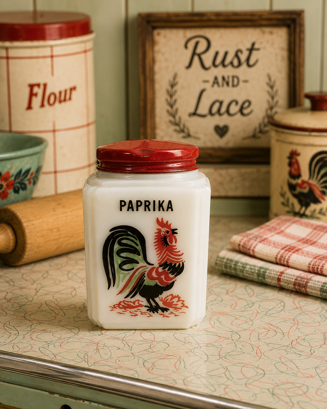 Vintage Tipp City Glass Rooster Paprika Spice Shaker c1939 Milk Glass