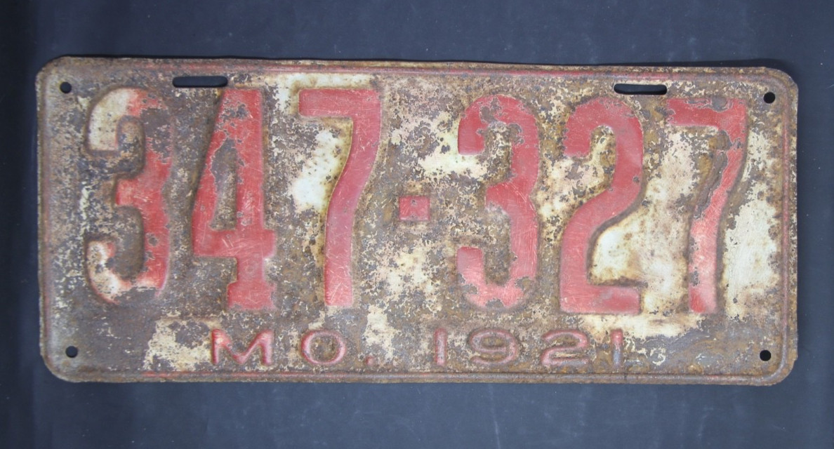 Original 1921 Missouri License Plate, 347-327