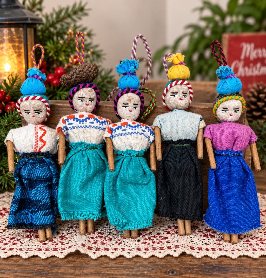 Vintage Handmade Folk Art Cloth Doll Ornaments Set of 5 6 Vintage Handmade Folk Art Cloth Doll Ornaments Set of 5 6