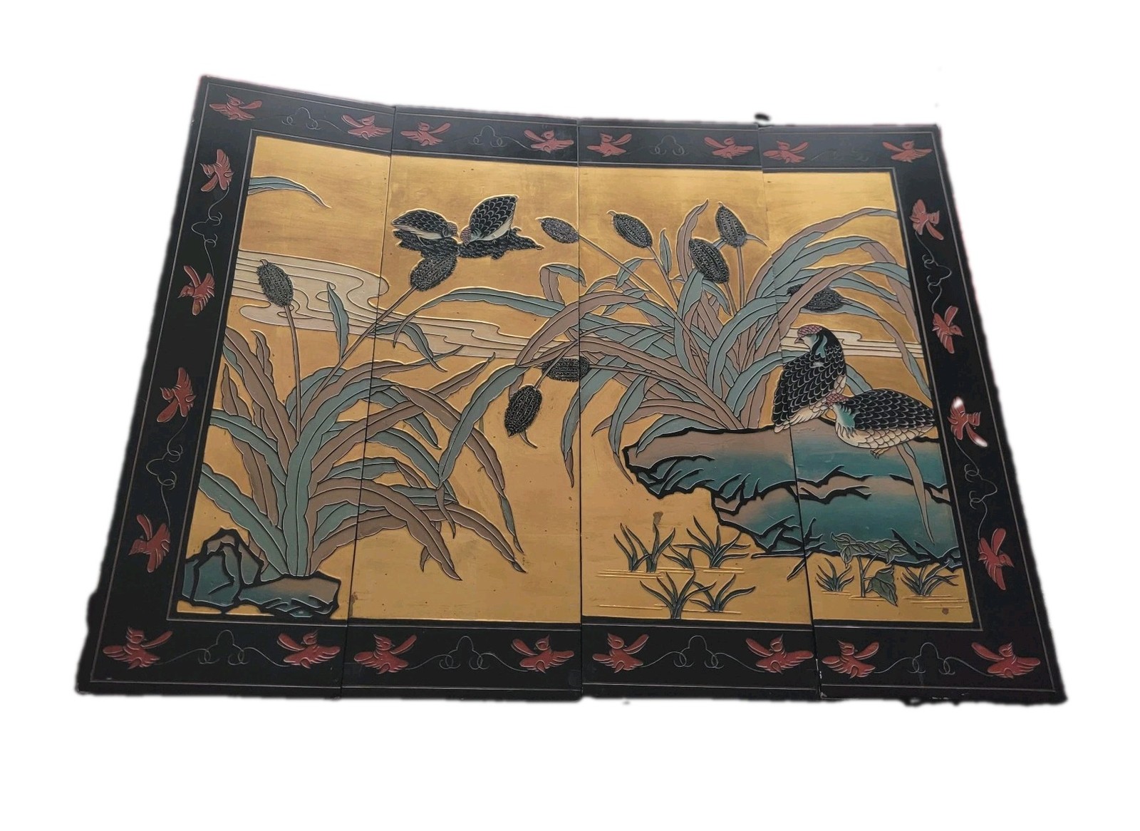 Vtg Asian Wall Art 4 Lacquer Panels Oriental MCM 48x36 Birds Hollywood Regency 