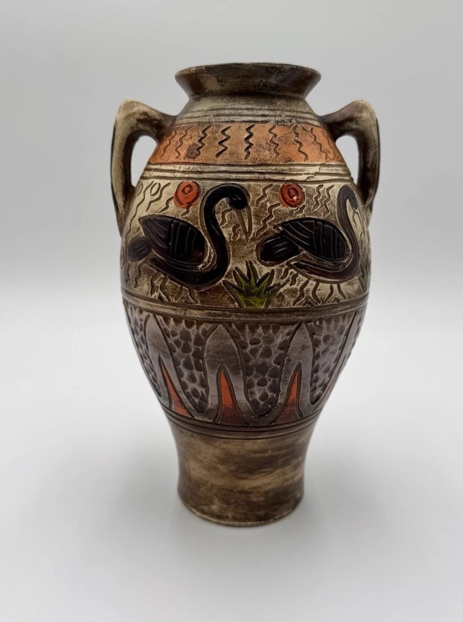 Vintage Amphora Style Vase with Swans & Geometric Pattern Double Handle Pottery Vintage Amphora Style Vase with Swans & Geometric Pattern Double Handle Pottery