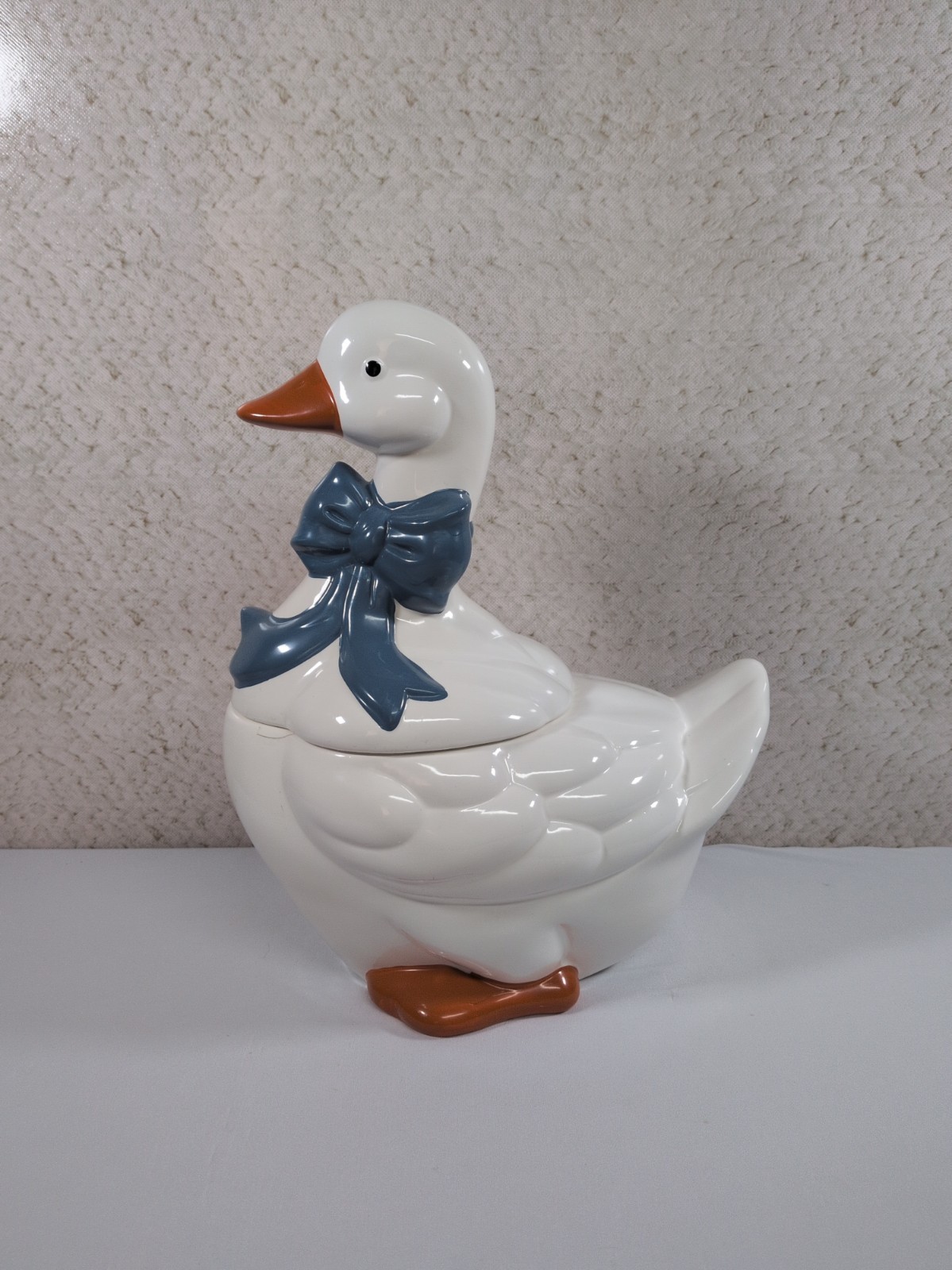 Vintage Goose Ceramic Cookie Jar Blue Ribbon Bow Orange Feet Cottage Core 13.5”