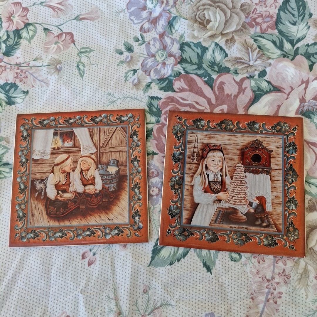 Vintage Pair Of Norway Suzanne Toftey Rice Pudding Kids Tile, Signed 2000