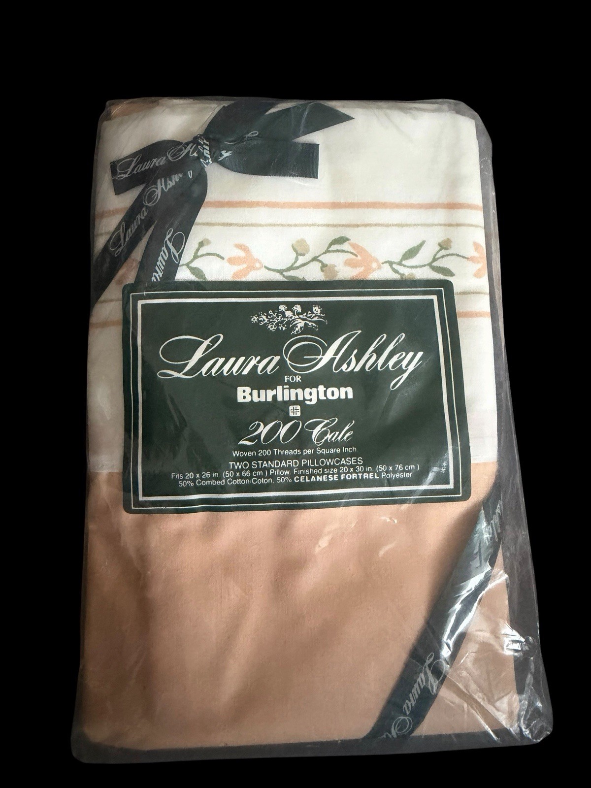 Vtg Laura Ashley Solids 2 Standard Pillowcases Peach w/Floral Border New