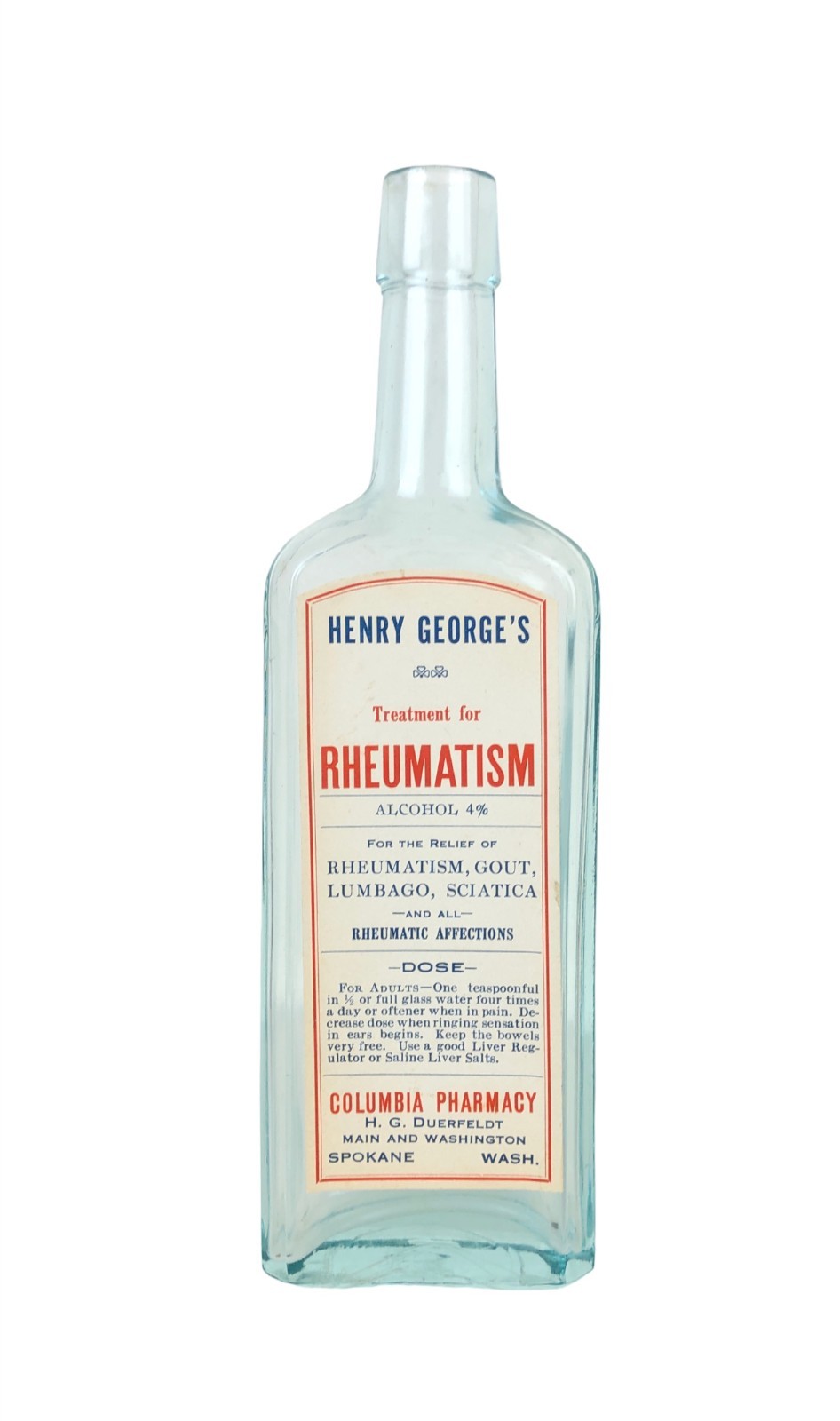 Antique Glass Bottle Spokane Henry George\'s Treatment for Rheumatism Paper Label