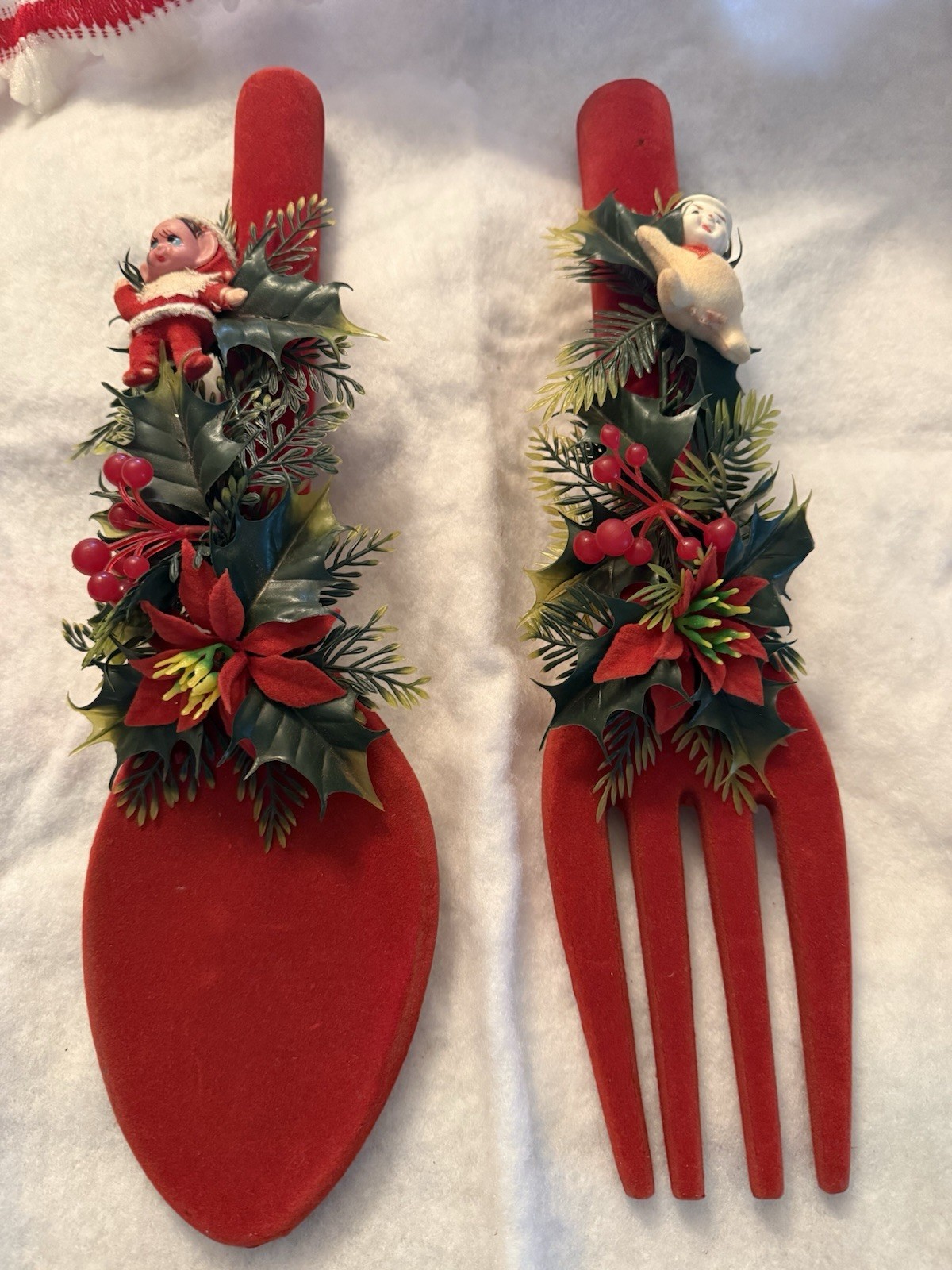 Vintage Christmas Flocked Fork Spoon Set Mid Century Kitsch Pixie Elf Snowman