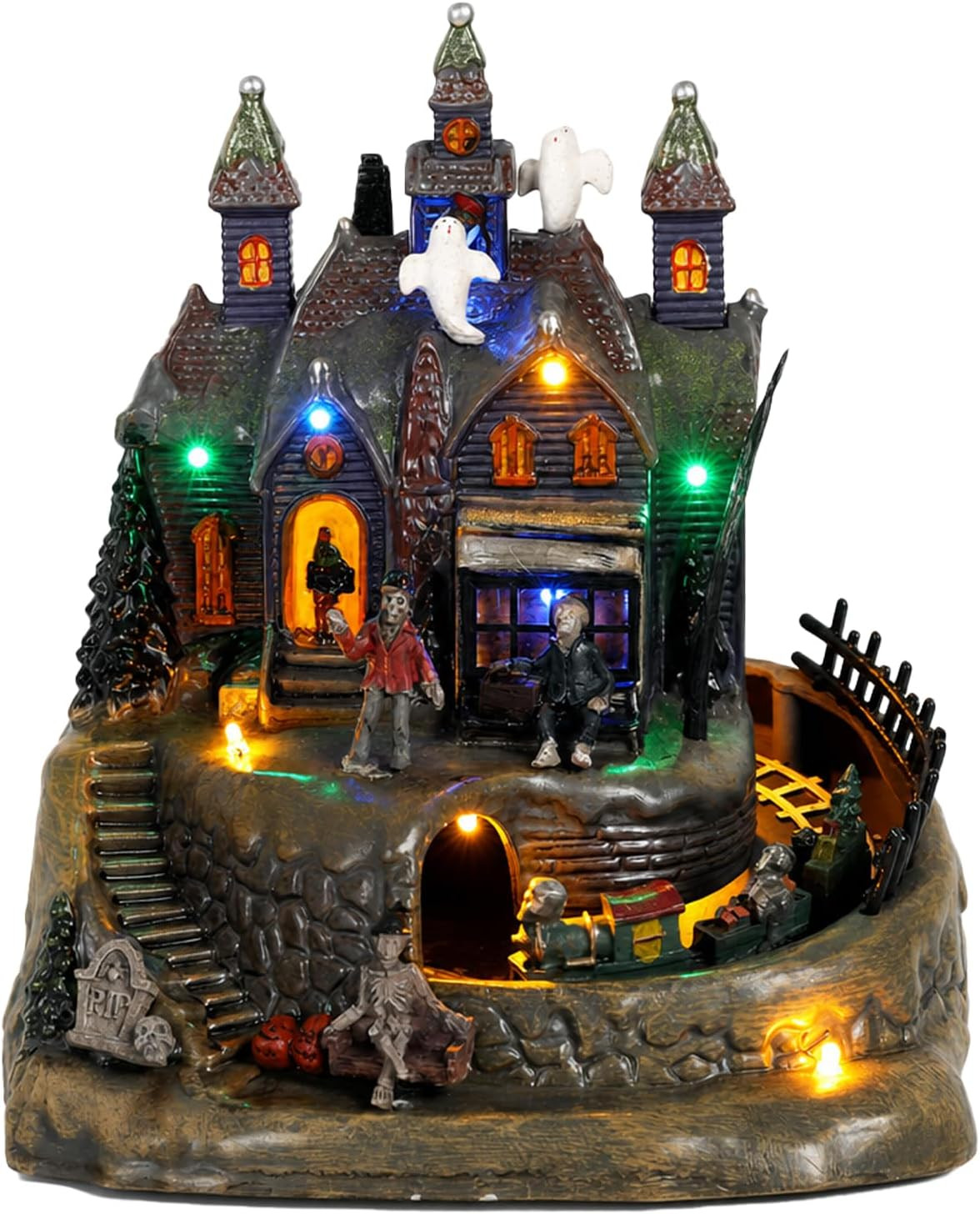 Halloween Village Animated Lighted Haunted House with Moving Train, Sound | Ligh