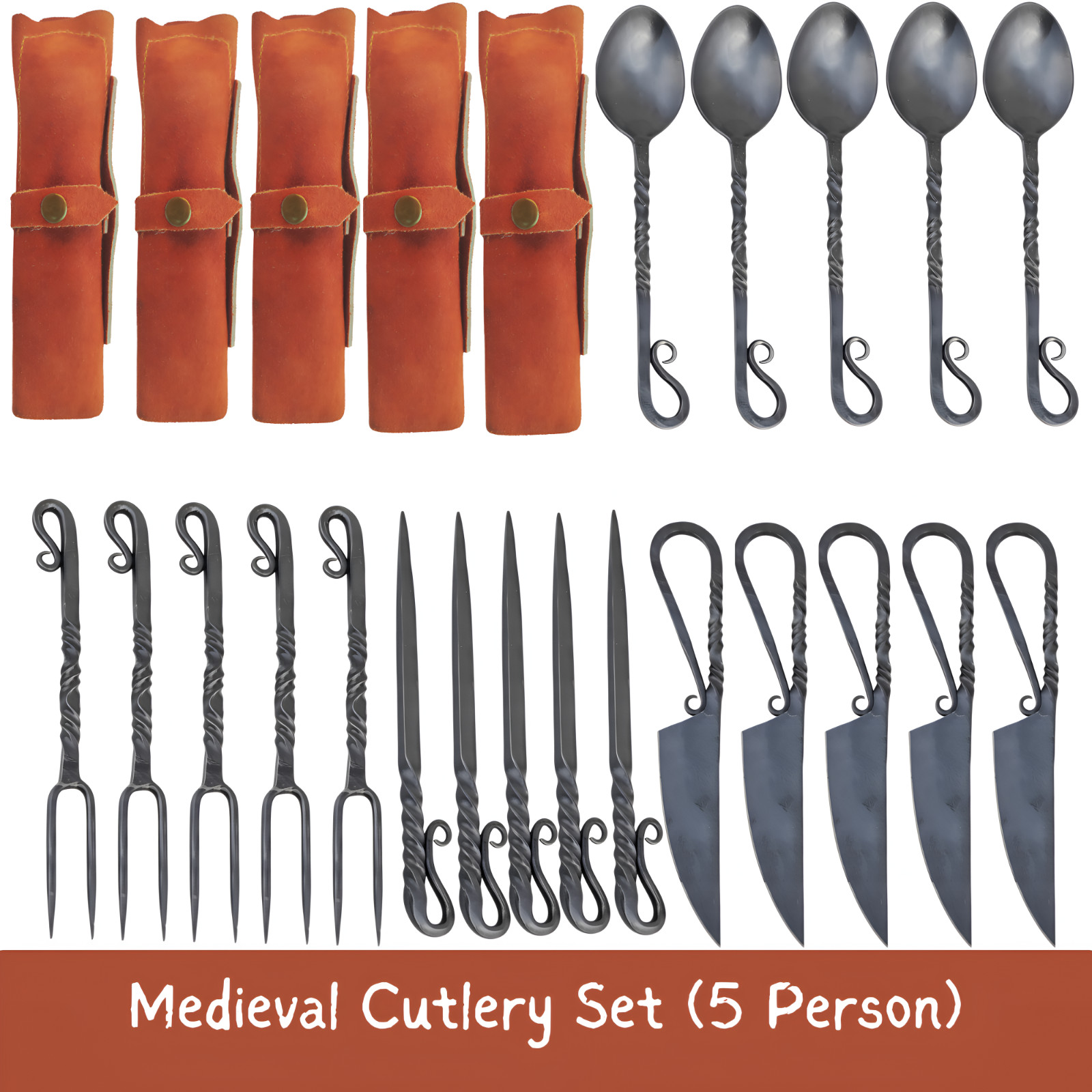 Hand Forged Medieval Cutlery Set Viking Iron Spoon Fork Knife Feasting Utensils