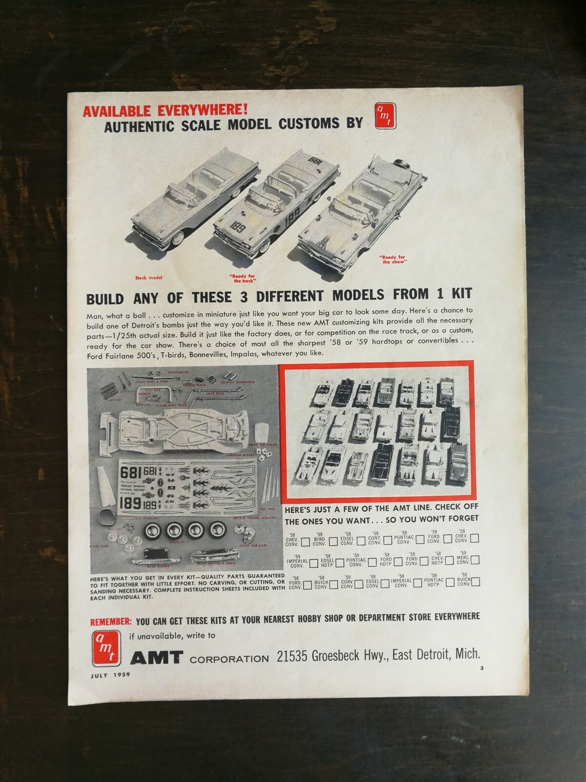Vintage 1959 AMT Car & Boat Models Full Page Original Ad