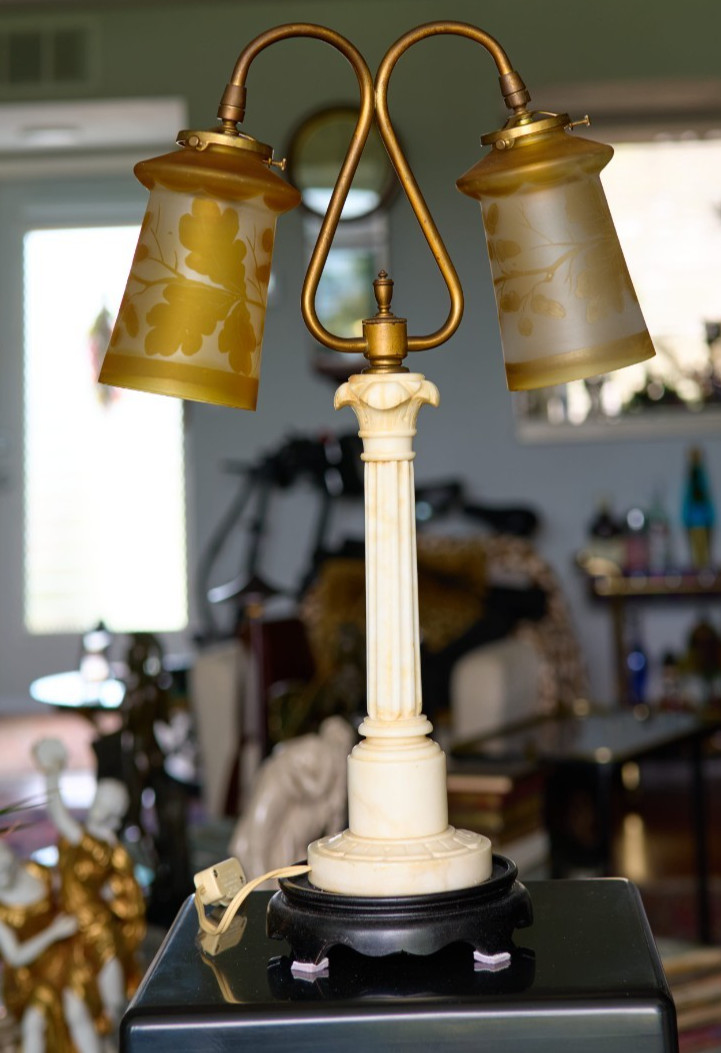 Vintage Double Marble/Alabaster Table Lamp, Two Glass Original Shades