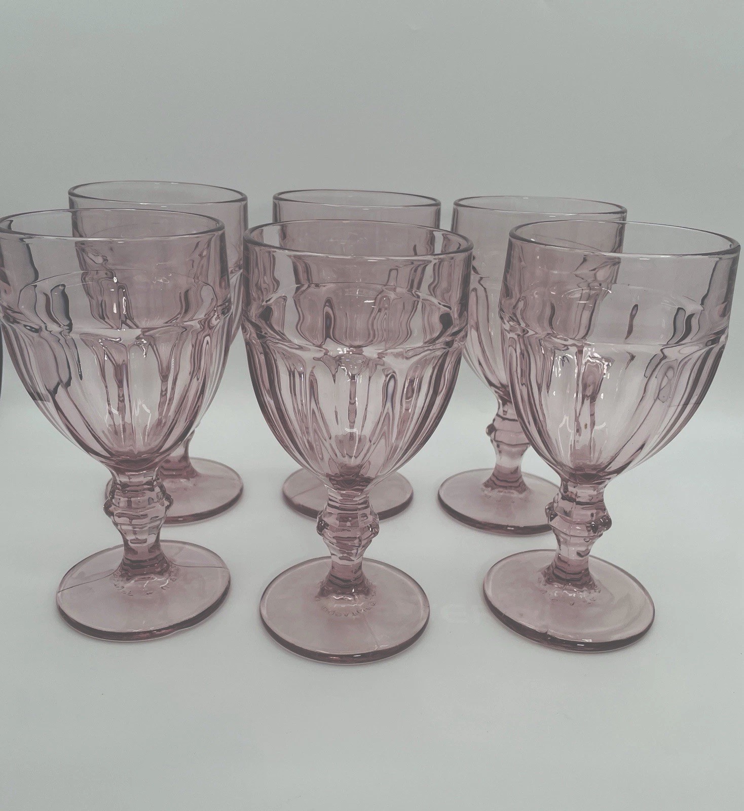 Libbey Duratuff Pink Amethyst Paneled Water Goblets Set of 6 Vintage Stemware