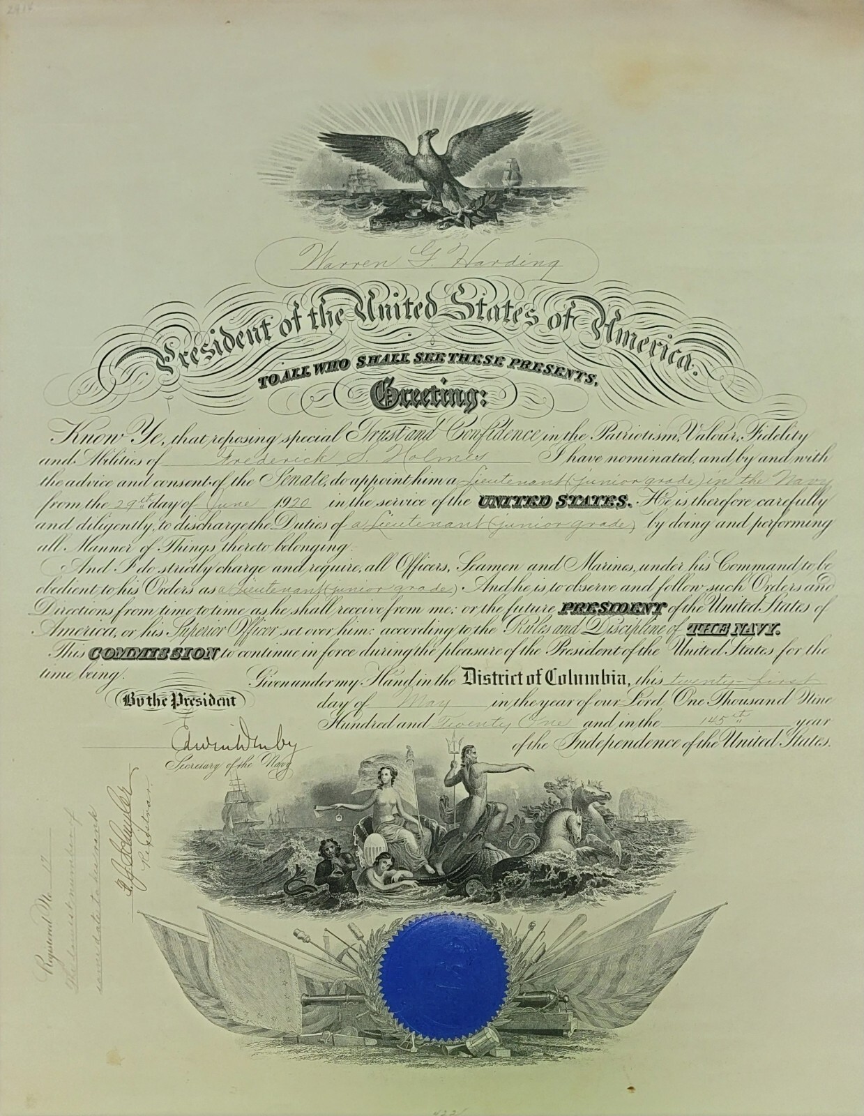 1921 President Warren G. Harding US Navy Naval Officer Promotion  19