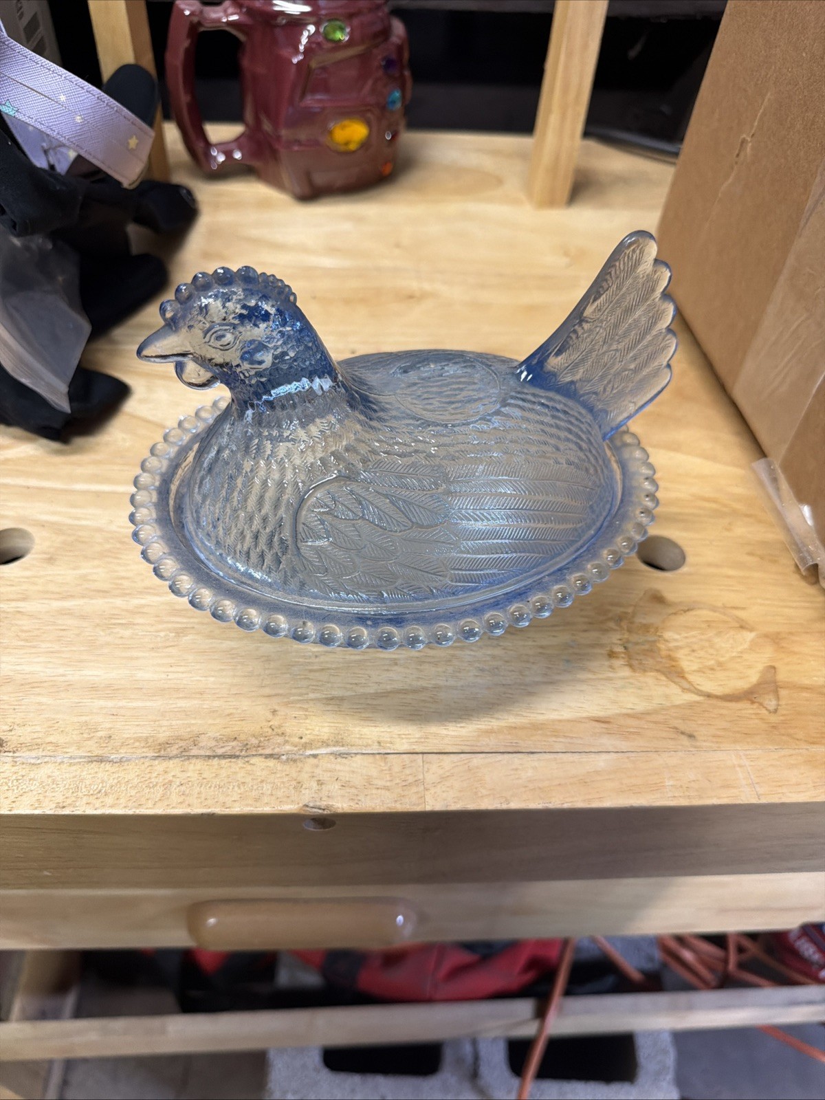 Vintage Indiana Glass Blue Hen On Nest Glass Covered Candy Dish 7in Beaded