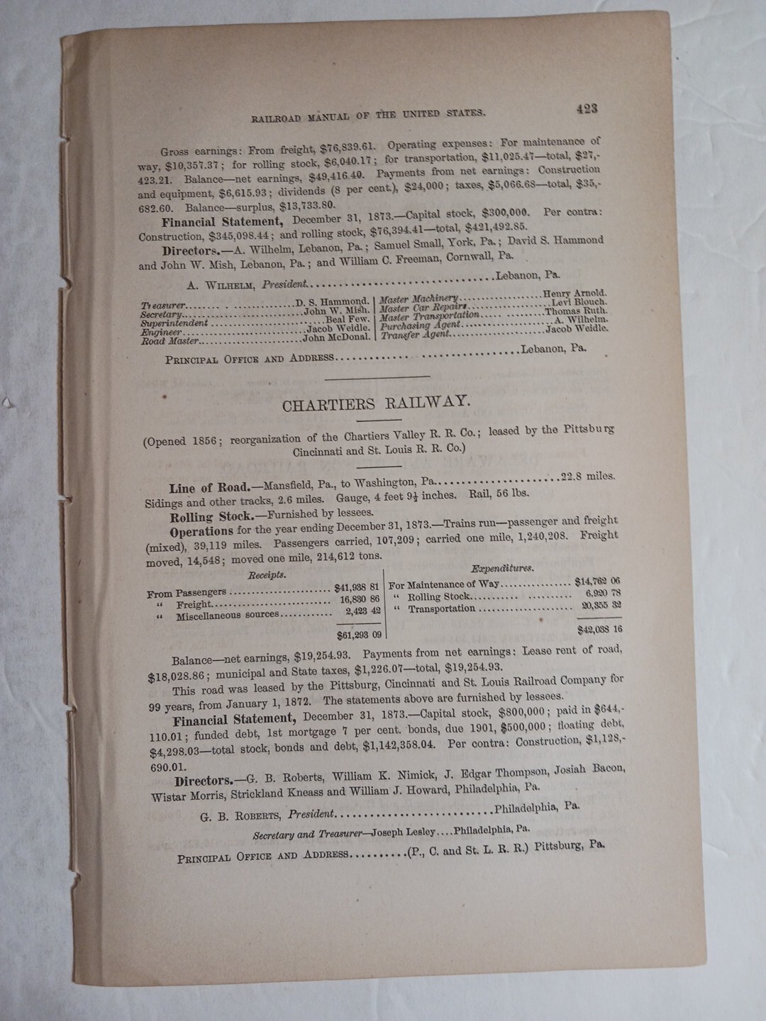 1875 Train Report CHARTIERS RAILWAY Mansfield Washington Pennsylvania 
