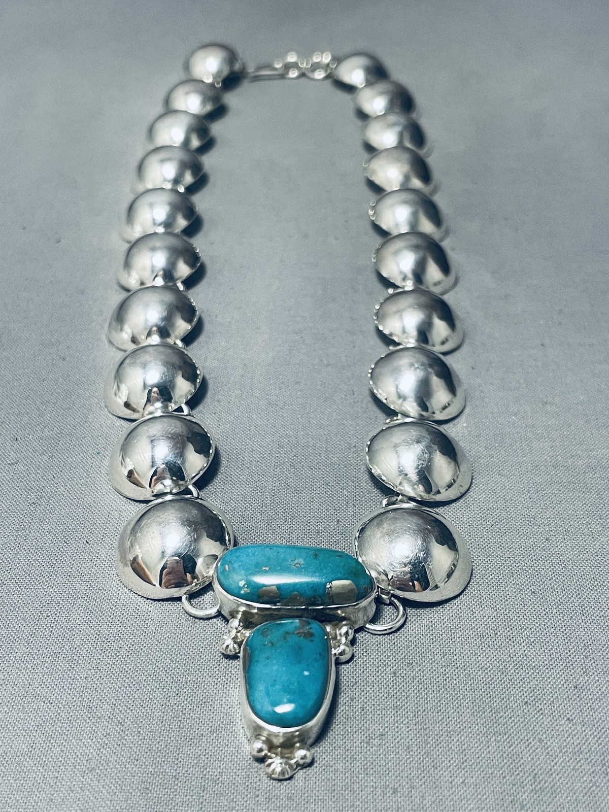IMPORTANT VINTAGE APACHE CARLYNE APACHITO TURQUOISE STERLING SILVER NECKLACE