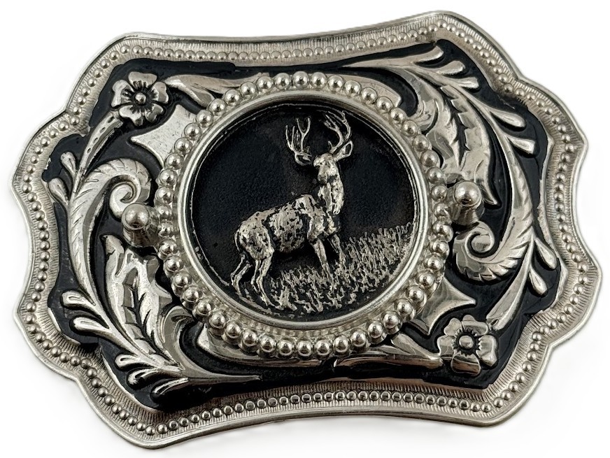 Vtg Western Deer Stag Floral Scroll Engraved Silver Tone Belt Buckle Hunter Gift