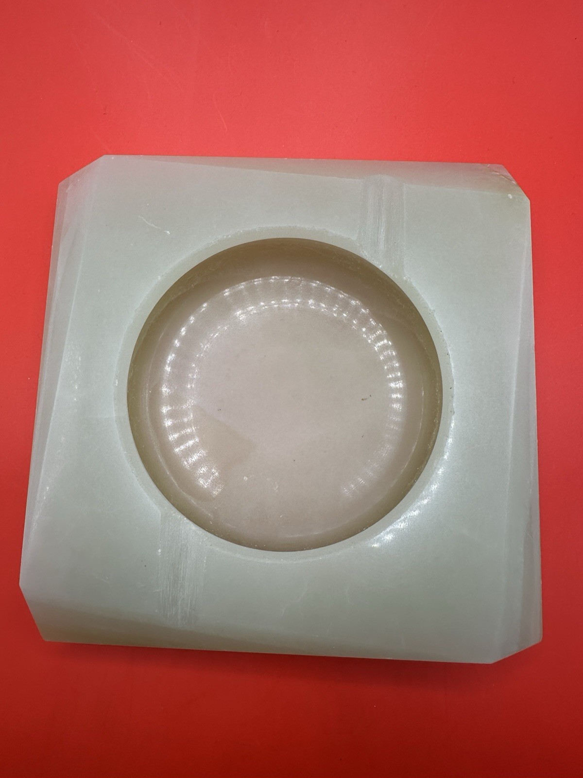 Vintage MCM Green Onyx Marble Stone Ashtray 5” Square Heavy Polished Catchall