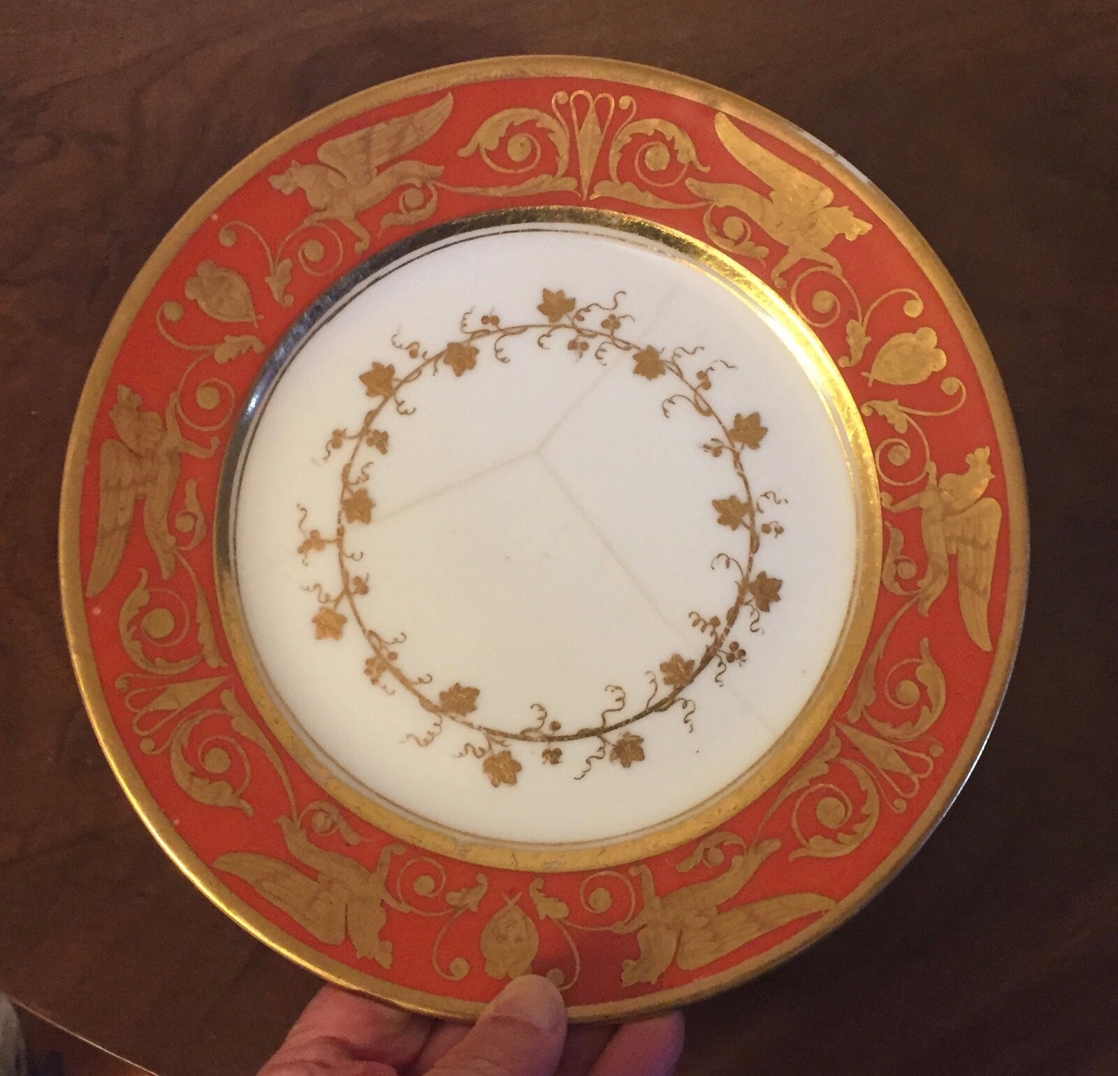 Antique 19th c. French Empire Dagoty Paris Porcelain Plate Gold Griffins 1810 #2