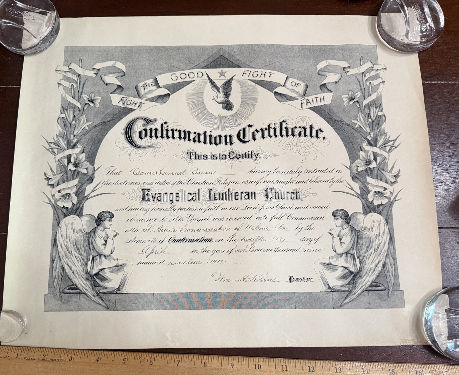 Antique 1919 Confirmation Certificate The Good Fight Oscar S Bower PA Angels