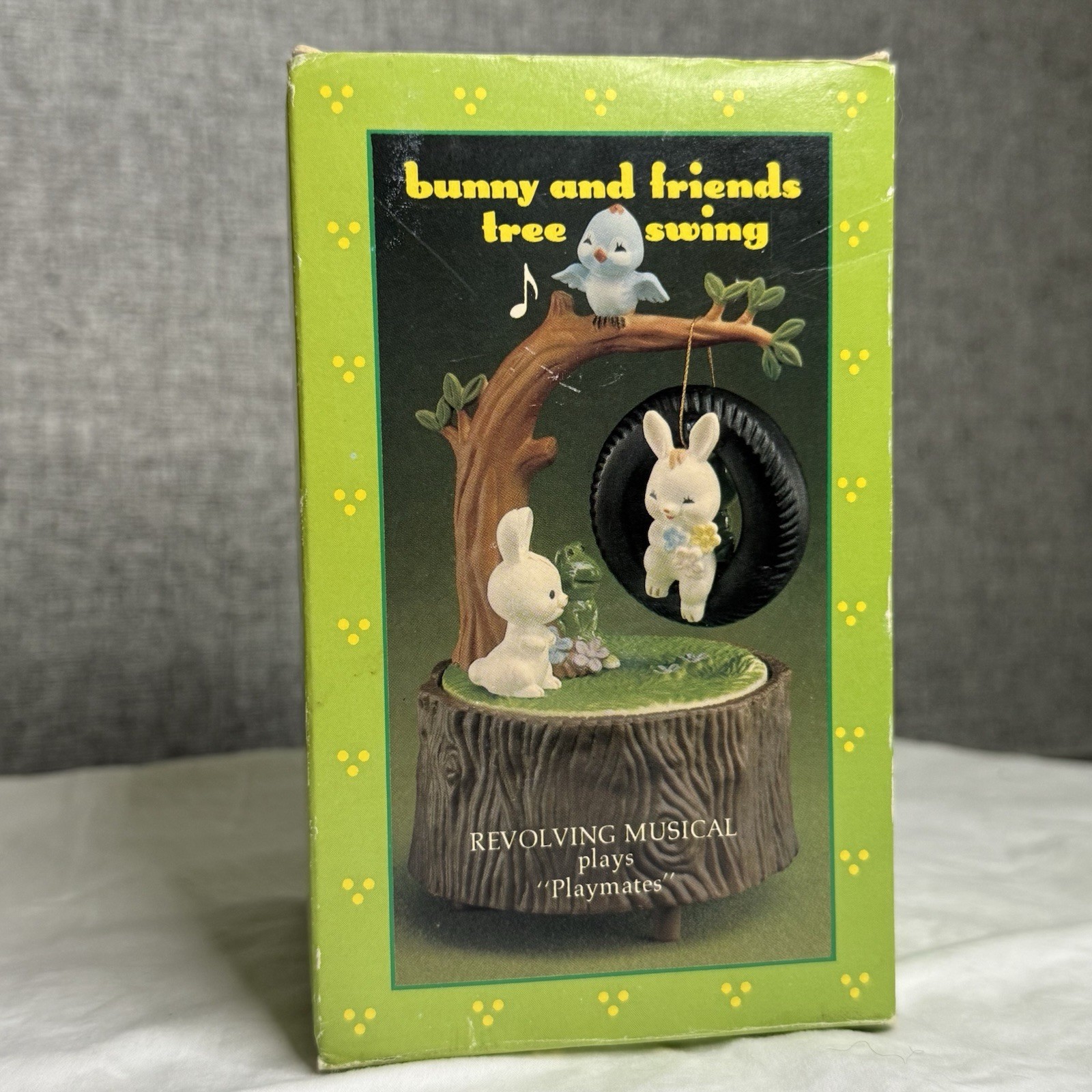 Vintage Enesco 1982 Bunny and Friends Tree Swing Music Box Figurine Easter