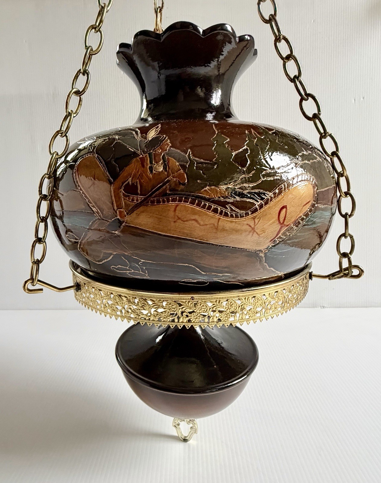RARE Rick Wisecarver Wihoa’s Pottery Hanging Swag Lamp Indian In Canoe, Signed
