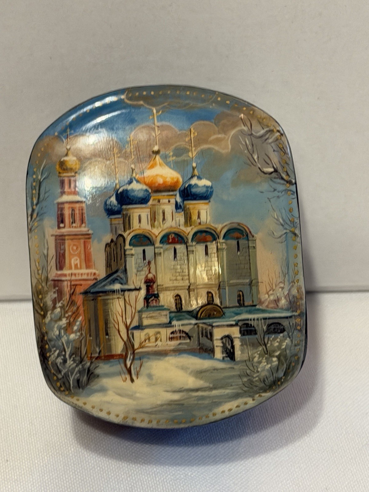 Authentic Fedoskino 2001 Russian Lacquer Box Trinity Lavar Signed Miniature 2.5”