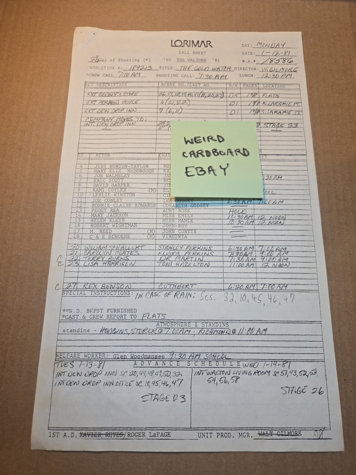 Original Used Call Sheet (1981) The Waltons - Judy Norton Taylor - Lorimar -LOOK