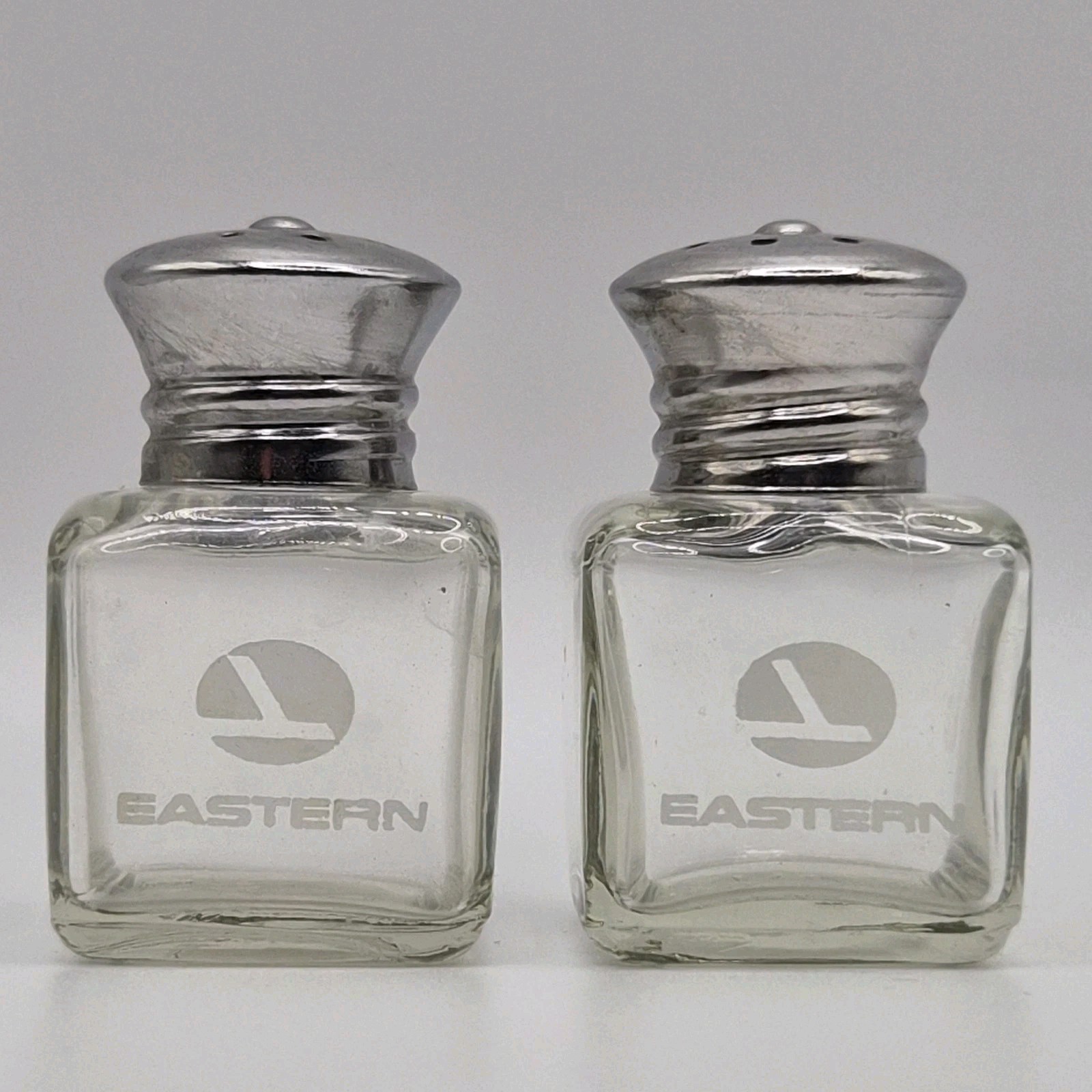 Vintage Eastern Airlines First Class Salt & Pepper Shakers Glass Airplane Logo  