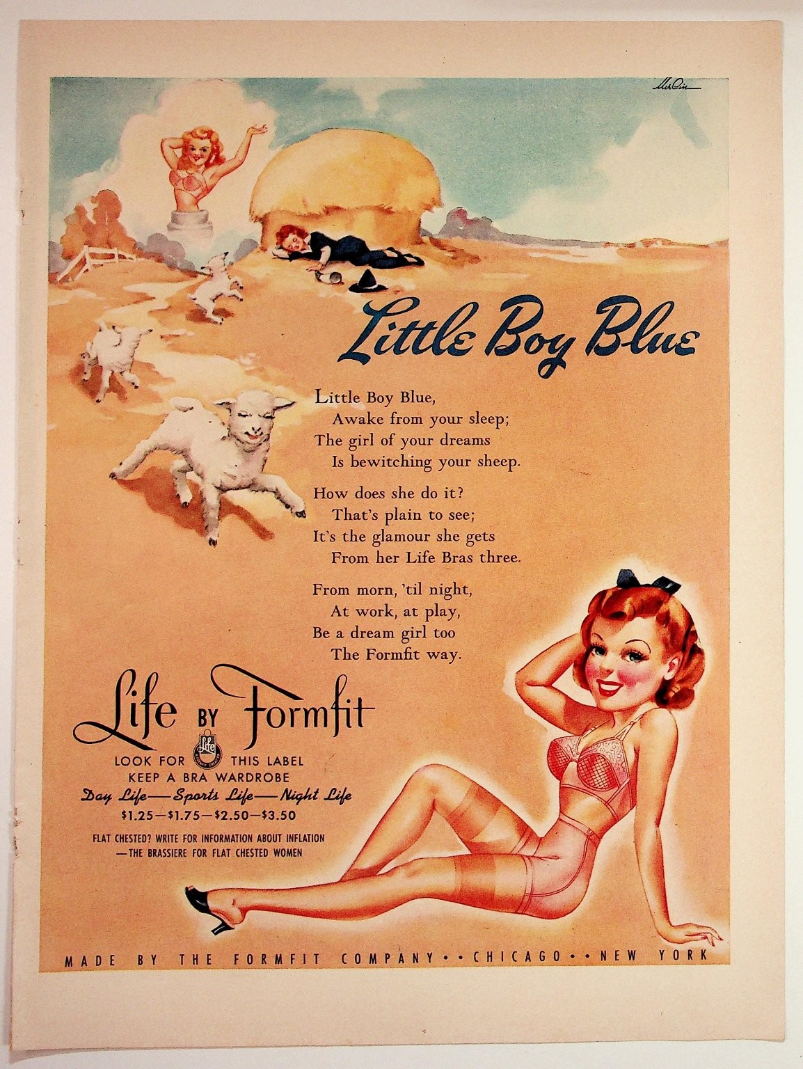 Vintage 1940s Formfit Lingerie Ad Pin Up Art Little Boy Blue Chicago NY