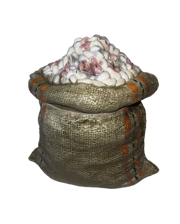 Vintage Fun Italian Ceramic Canister Gunny Burlap￼ Sack Full Of Beans