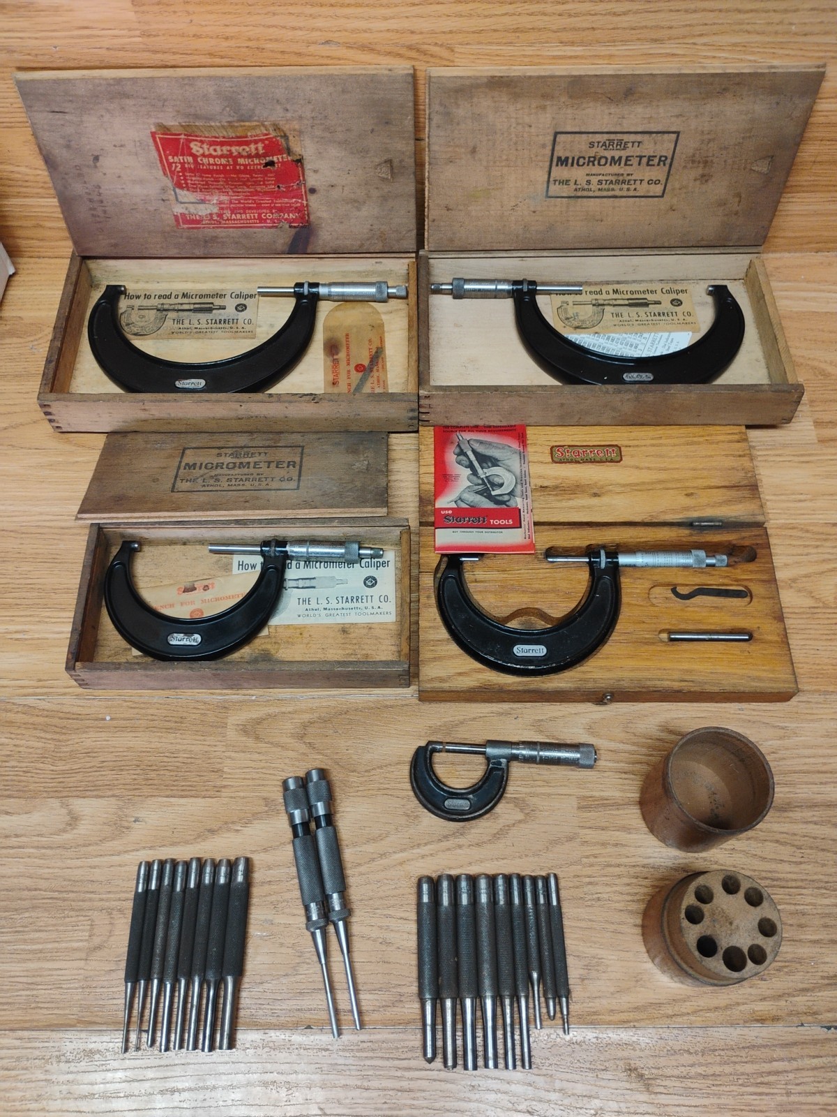 Vintage LS Starrett Machinist Tool Lot - 2 Auto Punches 5 Micrometers 17 Punches