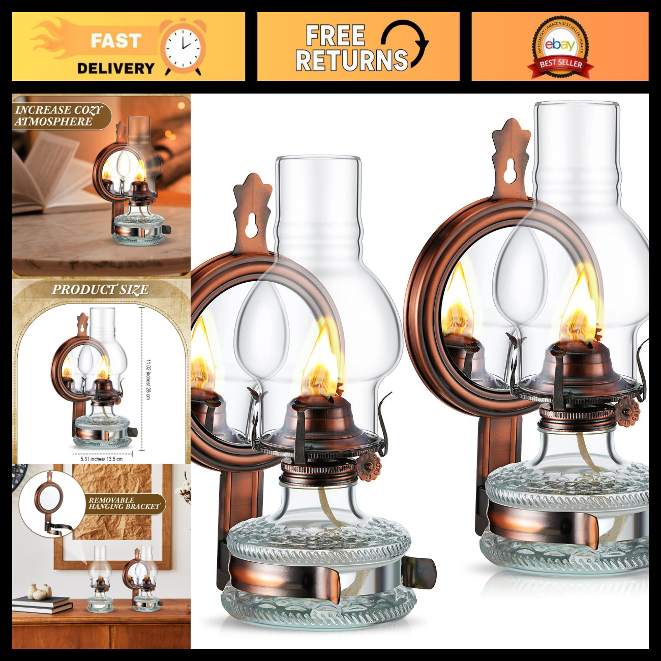 2 Pcs Vintage Kerosene Lanterns - Wall Mounted Glass Oil Lamps for Rustic Home D