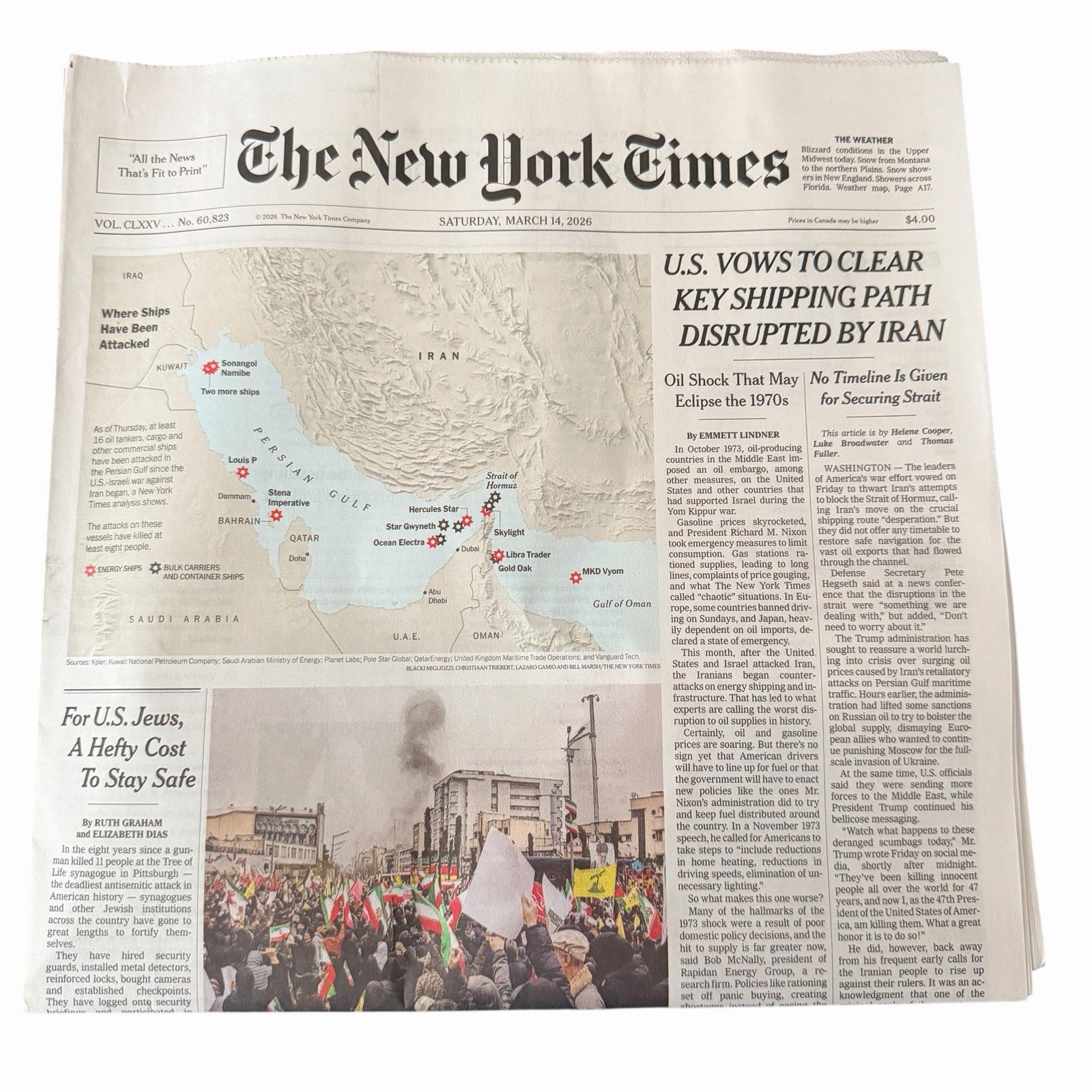 The New York Times Newspaper March 14 2026 U.S. Vows to Clear Key Shipping Path