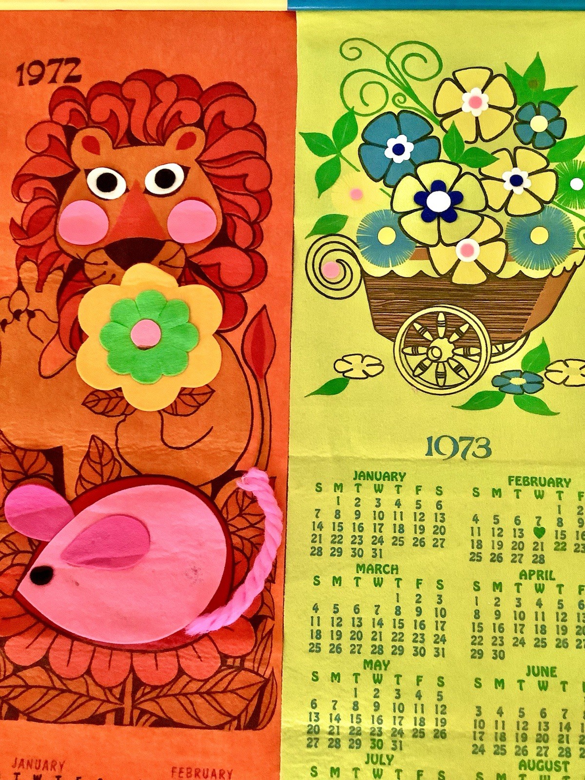 Vintage 70s WaLL CAT DECoR McM CaLenDaR RetrO GRooVY LoT FeLT ANiMaL FLoWeR Hang