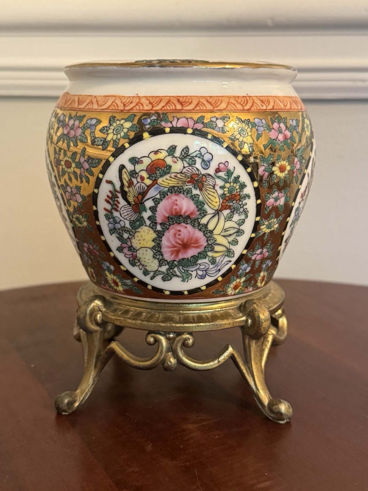 1970s Chinese Famille Rose Medallion porcelain planter, gilded cast-metal stand 1970s Chinese Famille Rose Medallion porcelain planter, gilded cast-metal stand