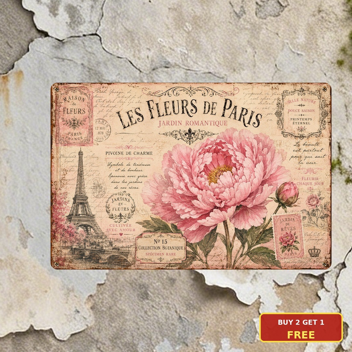 Paris Floral Rose Flower Tin Sign Elegant French Romance Bedroom Wall Decor