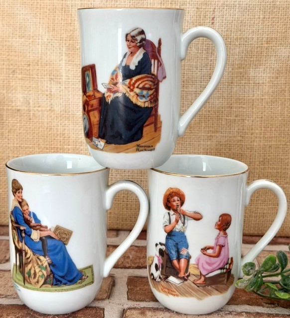 NORMAN ROCKWELL 1982 MUSEUM COLLECTION MUGS- BEDTIME, MEMORIES & FLUTE MASTER