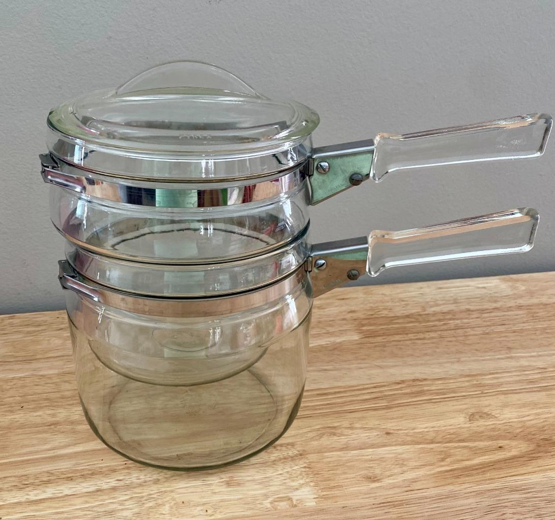 Mid-Century Pyrex Flameware Range Top Double Boiler 1.5 Qt w/ Lid