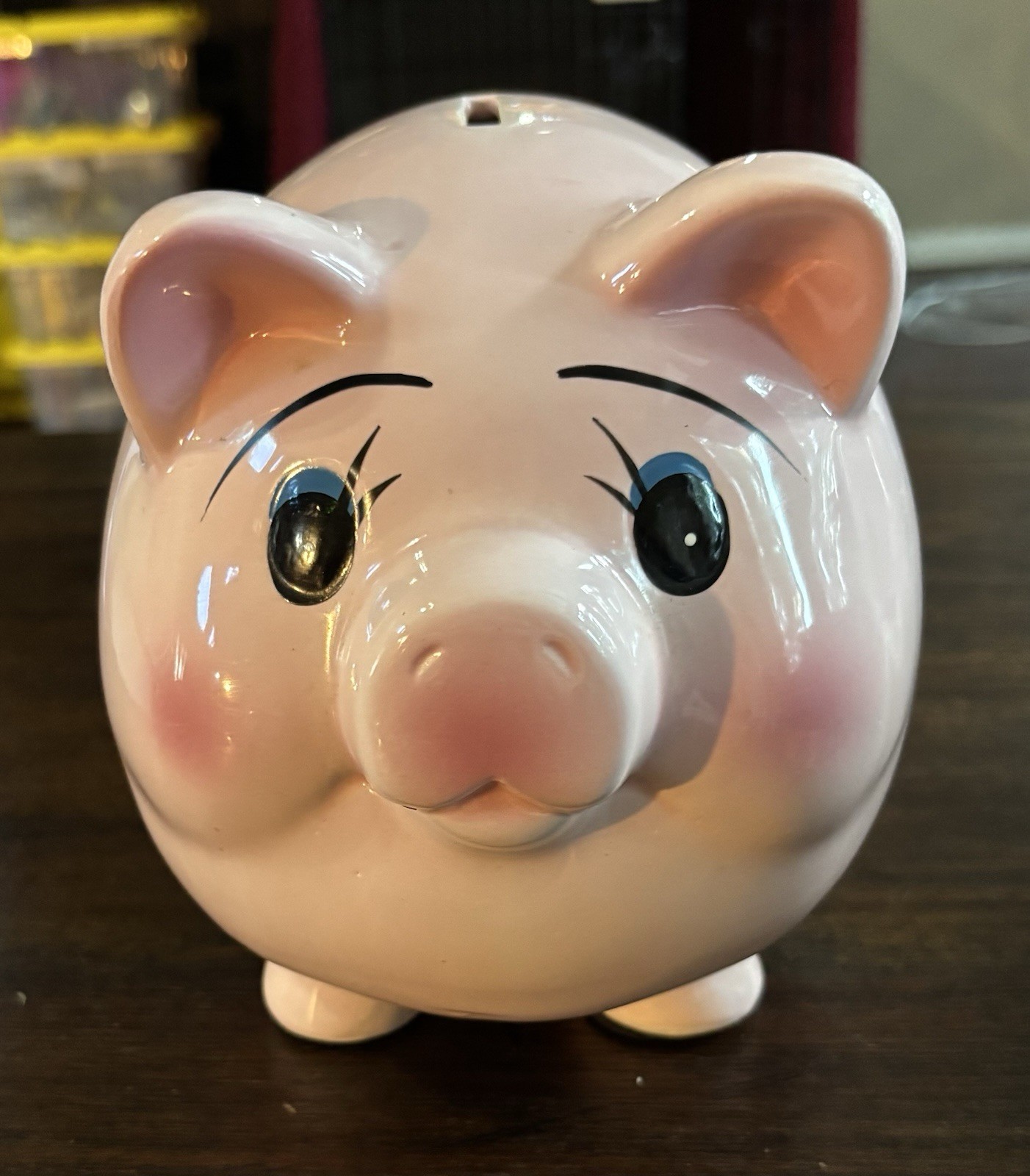 Large Mid Century vintage pottery piggy bank Fat Belly Curly Tail Pink 7” X 8”