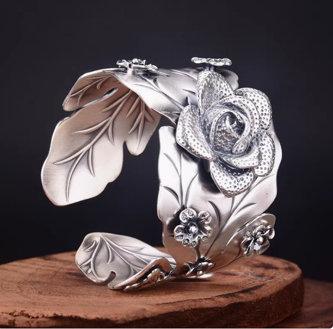 Rare Elegant ethnic style wide opening Tibetan silver bracelet gift