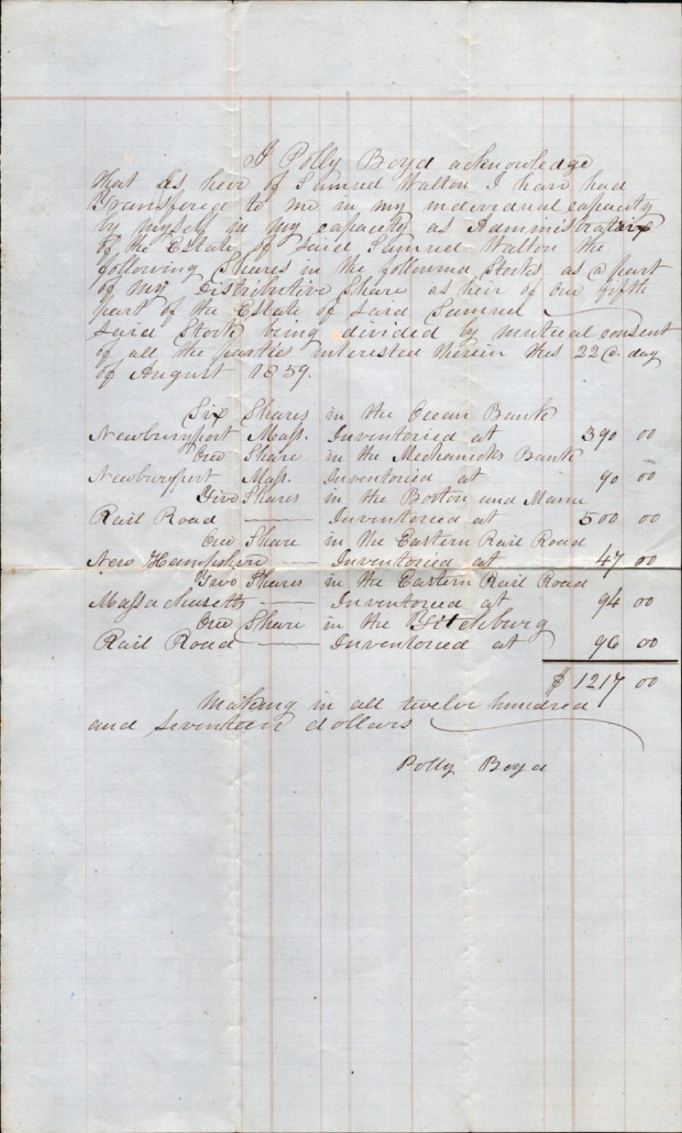 1859 NEWBURYPORT, MASSACHUSETTS antique legal trading document STOCK SHARES 1859 NEWBURYPORT, MASSACHUSETTS antique legal trading document STOCK SHARES